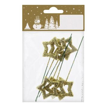 Stjörnur á vír 9,5 cm 6 stk gulllitaðar