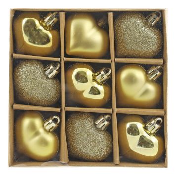 Jólatrésskraut hjörtu 4,5 cm 9 stk gulllituð