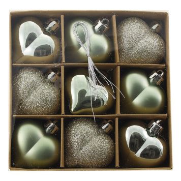 Jólakúlur hjartalaga plast Ø8 cm grænar 6 stk