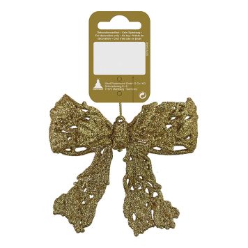 Jólaskraut slaufa 10 cm gulllituð með glimmeri