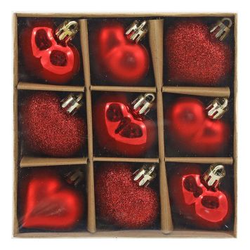 Jólatrésskraut hjörtu 4,5 cm 9 stk rauð