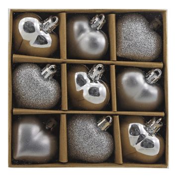 Jólatrésskraut hjörtu 4,5 cm 9 stk silfurlituð