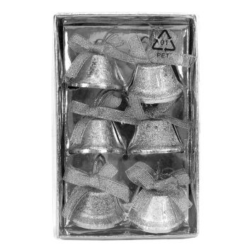 Jólatrésskraut bjöllur úr málmi 6 cm 6 stk silfurlitaðar