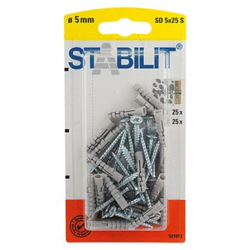 Múrtappi 5x25mm Stabilit 25stk með skrúfum