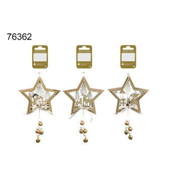 Jólatrésskraut stjarna úr við 11x18 cm hvítt og gyllt 1 stk