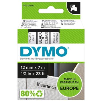 Límmiði fyrir DYMO D1 merkivél 12mm x 7m svartur/glær